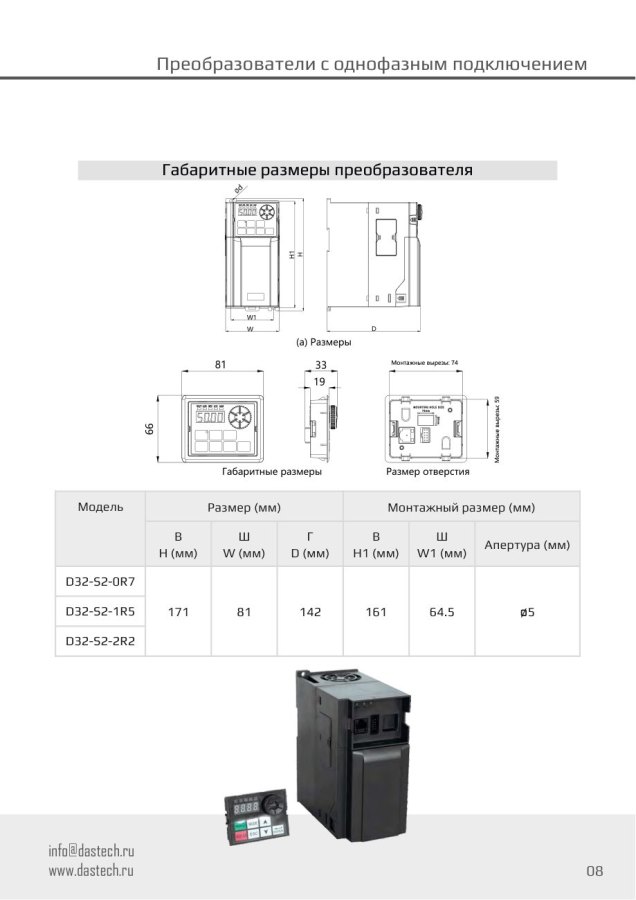 Преобразователь частоты Dastech D32-S2-1R5, 1,5 кВт, 220 В
