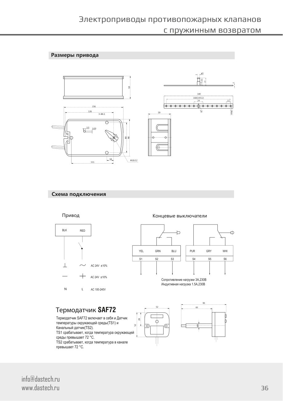 Размеры и схема подключения электропривода Dastech FR-05N24ST